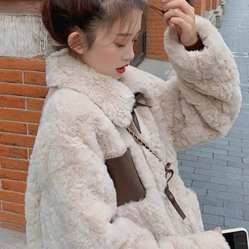 M1100507 단추 후리스 레더리본  뽀글이 하프 캐주얼룩 점퍼 여성 코트