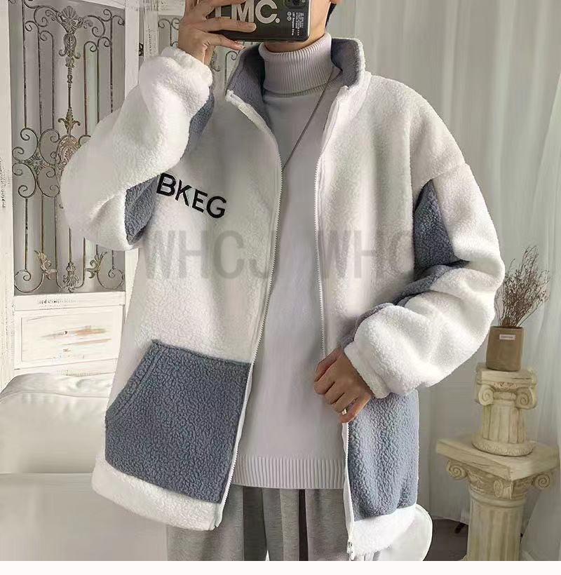캐주얼  아우터 뽀글이 화이트 배색 M1100527 하이넥 심플 집업 포켓 자켓