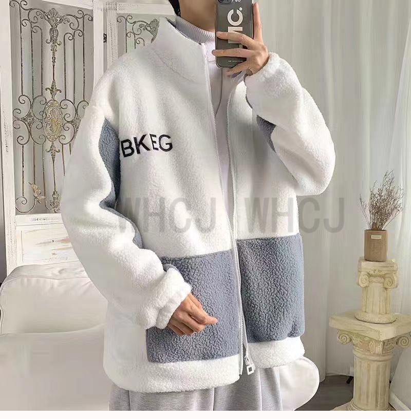 캐주얼  아우터 뽀글이 화이트 배색 M1100527 하이넥 심플 집업 포켓 자켓