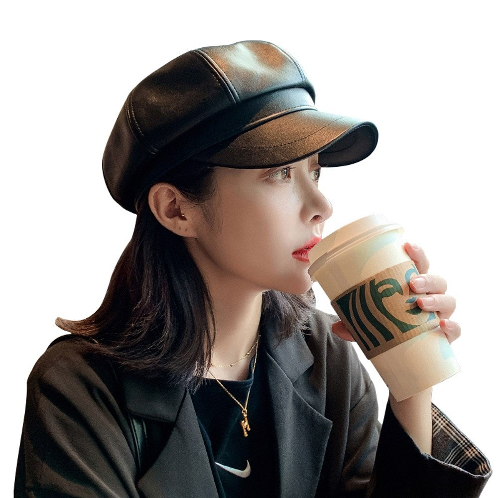 블랙 베레모 여성 가을 겨울 숏챙모자 코디 PU 가죽 팔각형모 BY2101616