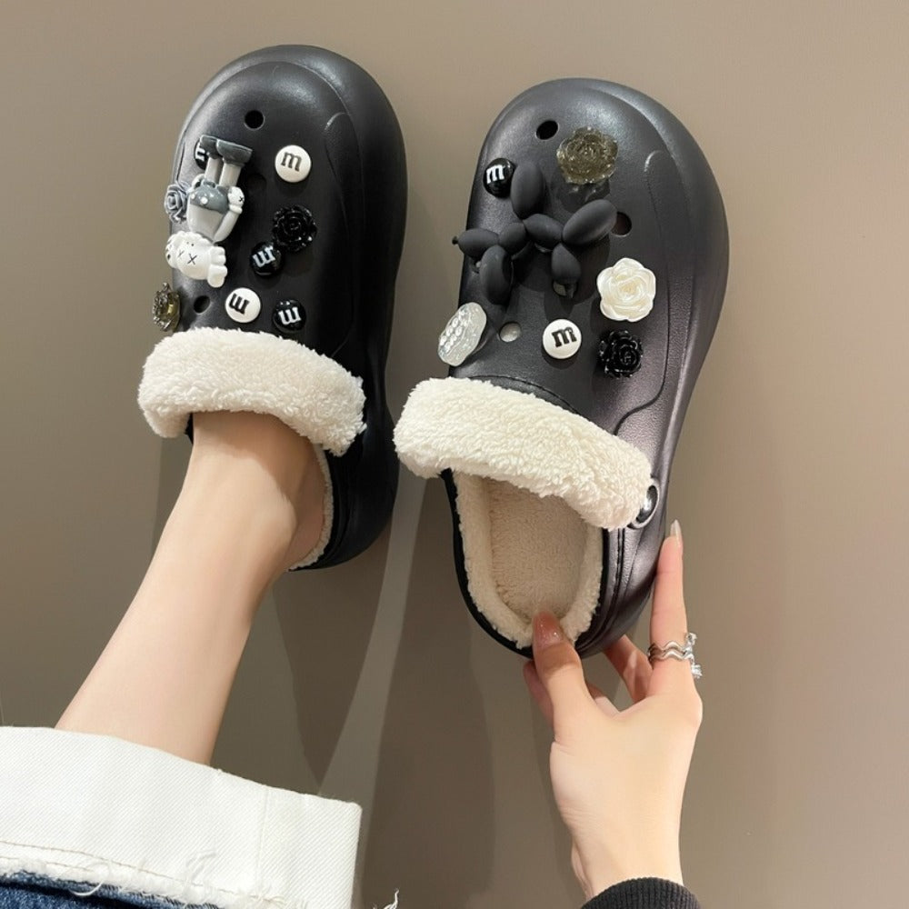 사무실 털슬리퍼 발편한 여성 겨울 하프 플라워 신발   BY2102615