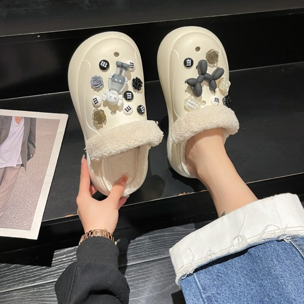 사무실 털슬리퍼 발편한 여성 겨울 하프 플라워 신발   BY2102615