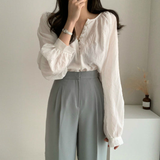화이트 복고풍 D2022419 빈티지 긴팔  셔츠 심플 블라우스