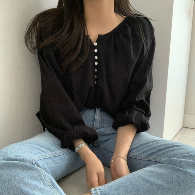 화이트 복고풍 D2022419 빈티지 긴팔  셔츠 심플 블라우스