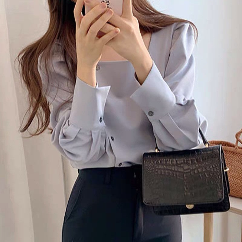 언발버튼라인 셔츠 로맨틱 심플 D2022418 스퀘어넥 블라우스 긴팔