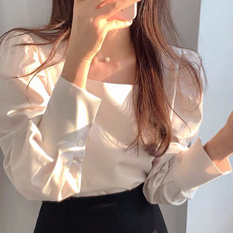 언발버튼라인 셔츠 로맨틱 심플 D2022418 스퀘어넥 블라우스 긴팔