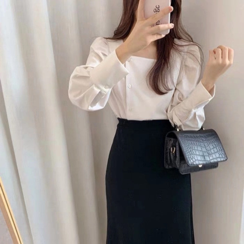 언발버튼라인 셔츠 로맨틱 심플 D2022418 스퀘어넥 블라우스 긴팔