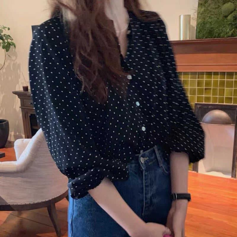 블라우스 화이트 땡땡이 블랙 도트 긴팔  셔츠 D2022417