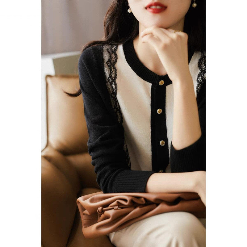 라운드넥  배색 D2022701 가디건 러블리 니트 버튼