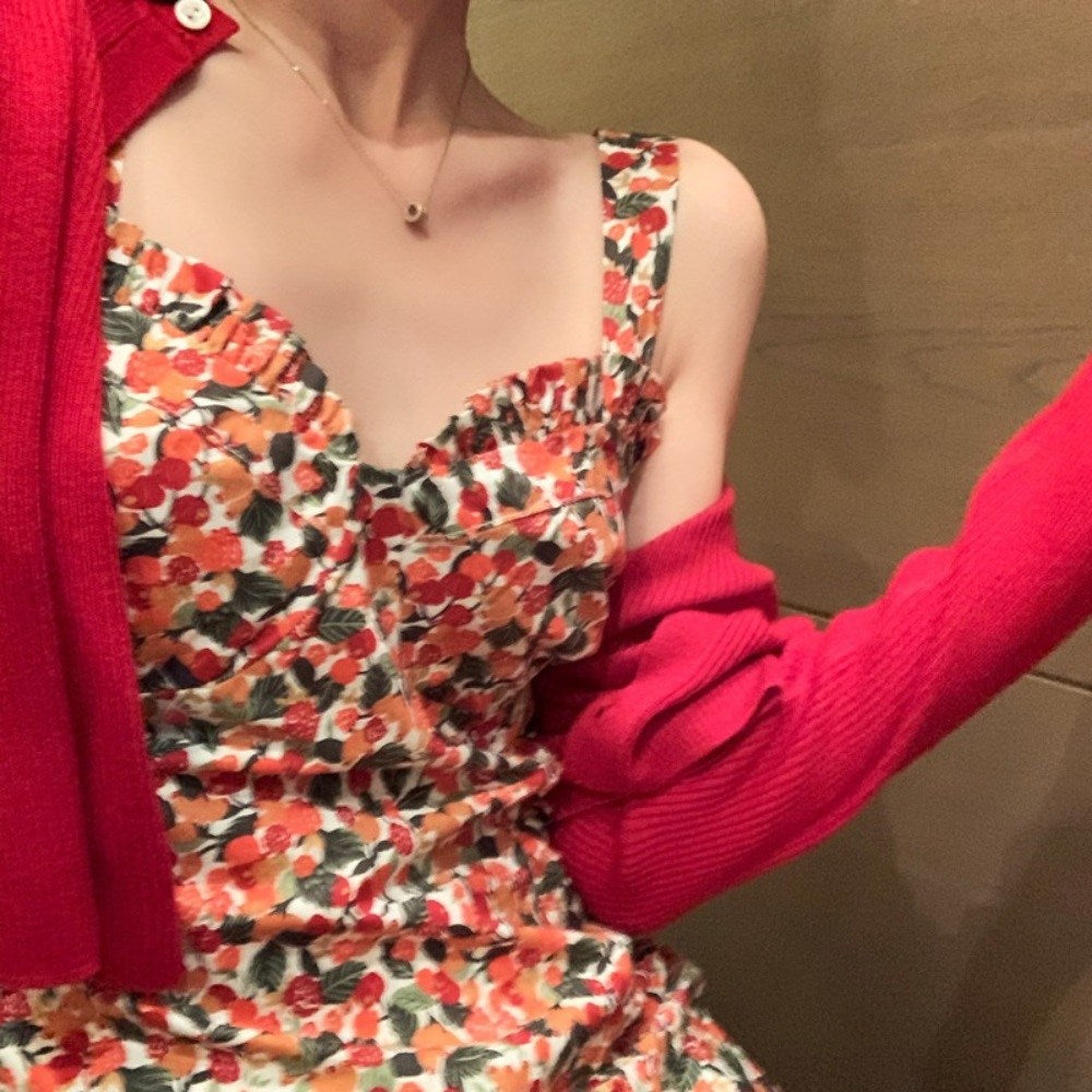 끈나시 프린팅 뷔스티에 데일리 원피스 레드 꽃무늬 슬림 스커트  BQ3021827