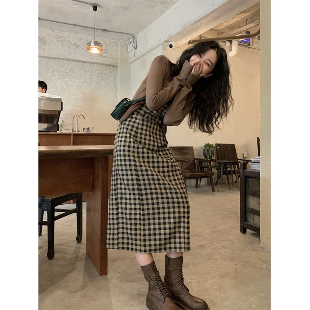 민소매 드레스 복고풍 격자 무늬 원피스 데일리 슬림 스커트   BQ3021828