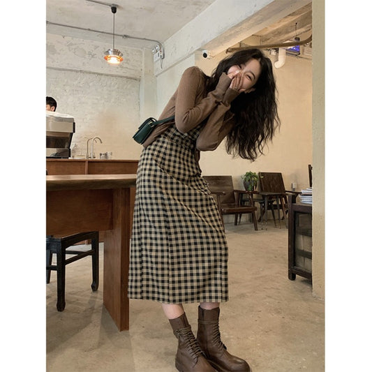 민소매 드레스 복고풍 격자 무늬 원피스 데일리 슬림 스커트   BQ3021828