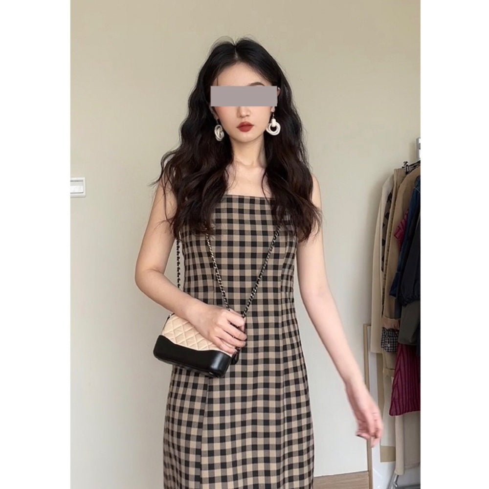 민소매 드레스 복고풍 격자 무늬 원피스 데일리 슬림 스커트   BQ3021828