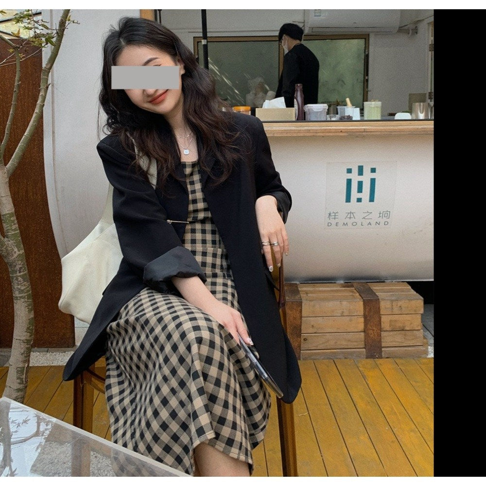 민소매 드레스 복고풍 격자 무늬 원피스 데일리 슬림 스커트   BQ3021828