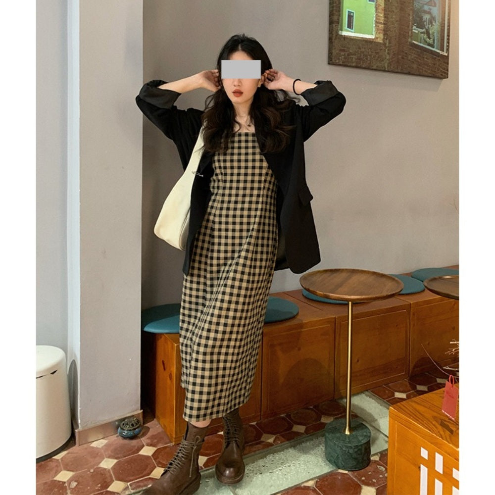 민소매 드레스 복고풍 격자 무늬 원피스 데일리 슬림 스커트   BQ3021828