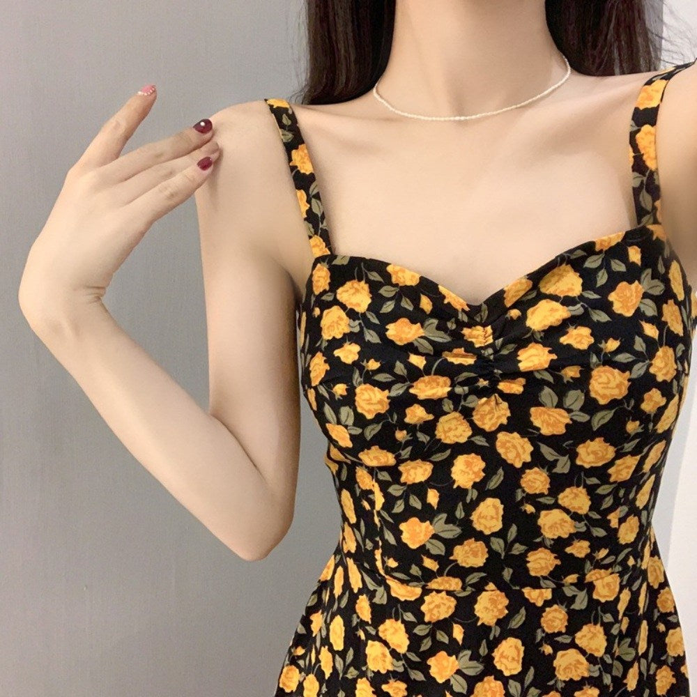 서스펜더 스커트 플라워 프린팅  데일리 소풍 원피스 뷔스티에 드레스 BQ3021818
