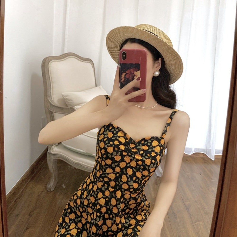 서스펜더 스커트 플라워 프린팅  데일리 소풍 원피스 뷔스티에 드레스 BQ3021818