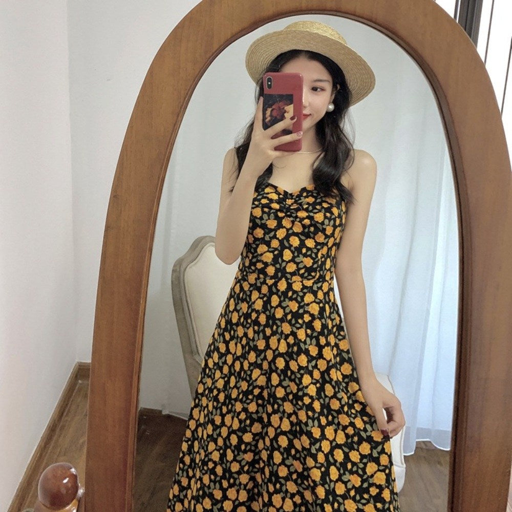서스펜더 스커트 플라워 프린팅  데일리 소풍 원피스 뷔스티에 드레스 BQ3021818