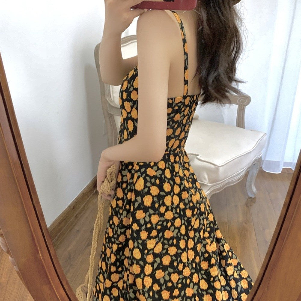 서스펜더 스커트 플라워 프린팅  데일리 소풍 원피스 뷔스티에 드레스 BQ3021818