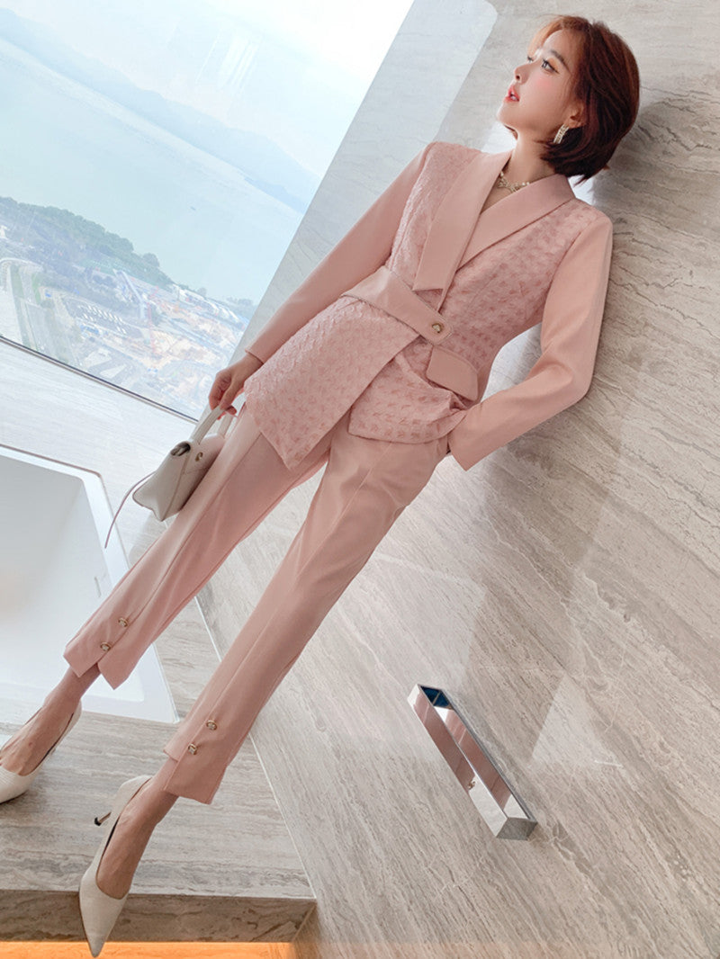 자켓 정장 언발핏 포인트 로맨틱 팬츠 D2033021 핑크 투피스