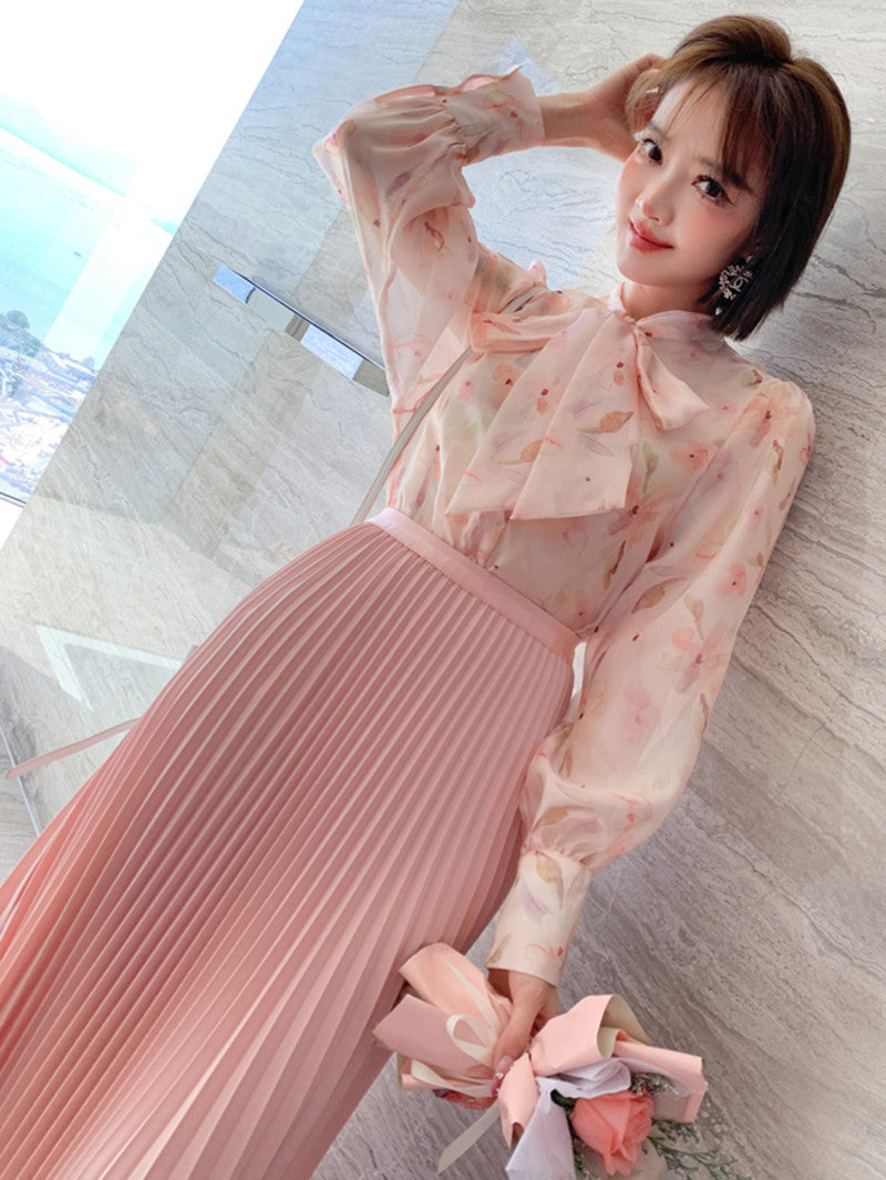 세트 블라우스 투피스 우먼 D2033014 쉐폰 주름치마