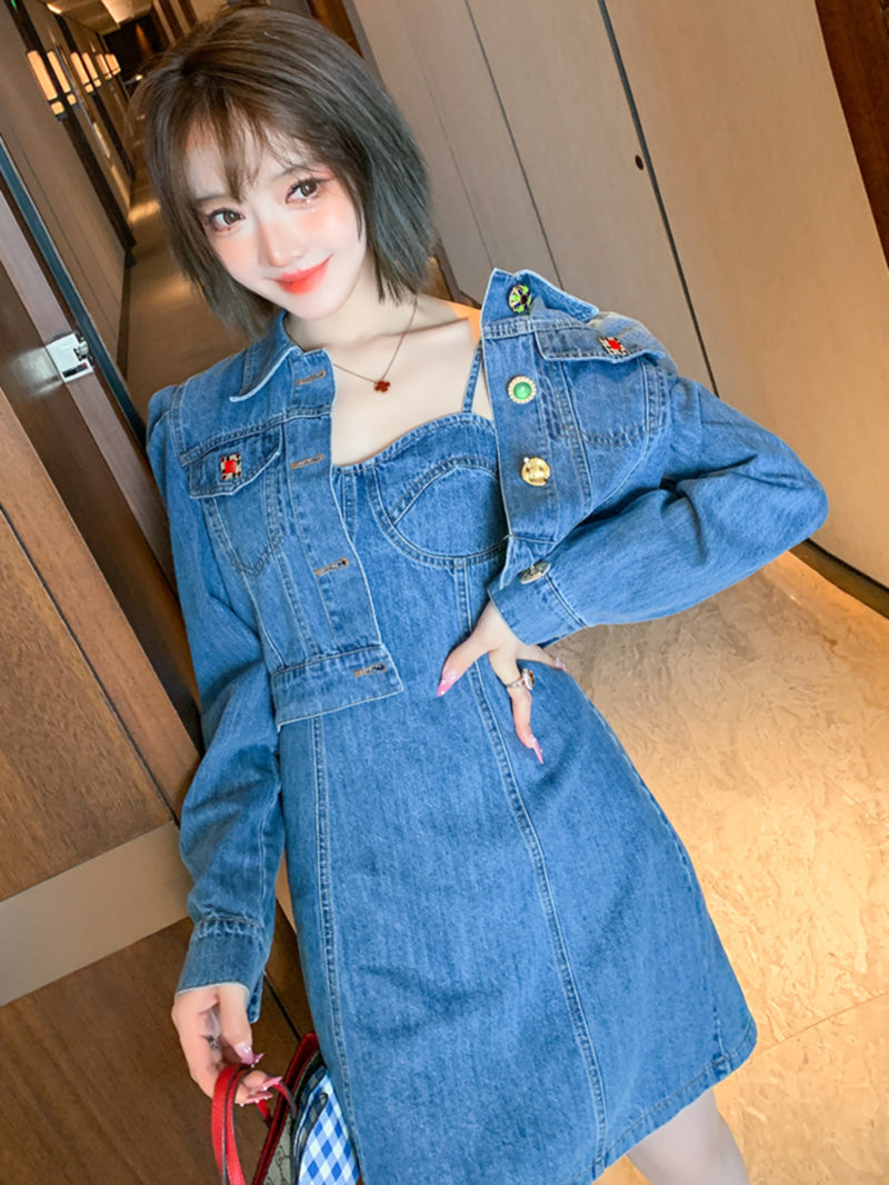 투피스 데님  D2033006 원피스 세트 숏자켓