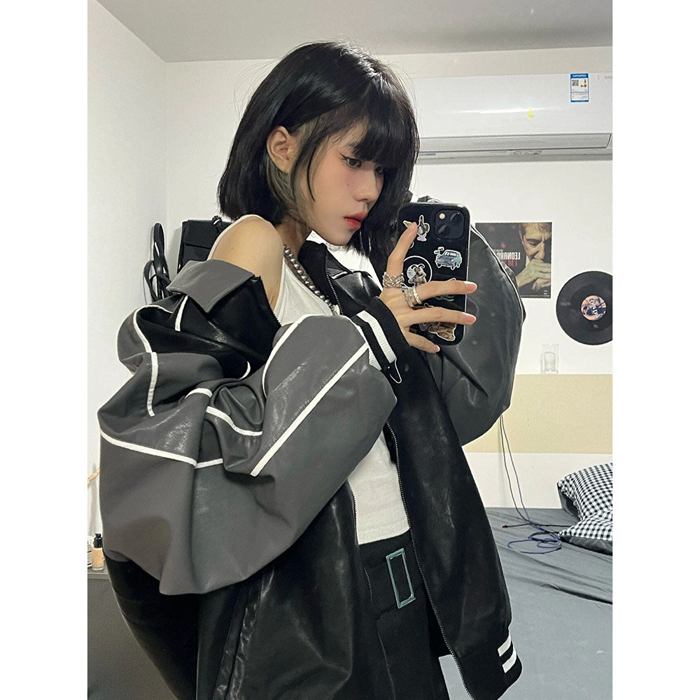 오토바이 레더 루즈핏 Q2032804 집업 자켓 커플 점퍼