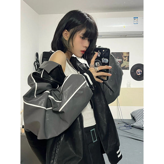 오토바이 레더 루즈핏 Q2032804 집업 자켓 커플 점퍼