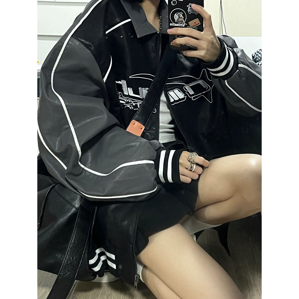 오토바이 레더 루즈핏 Q2032804 집업 자켓 커플 점퍼