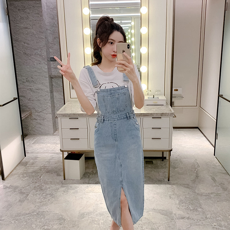 멜빵원피스 포켓 데님 빅사이즈 앞트임 Q2032915 롱원피스 청치마