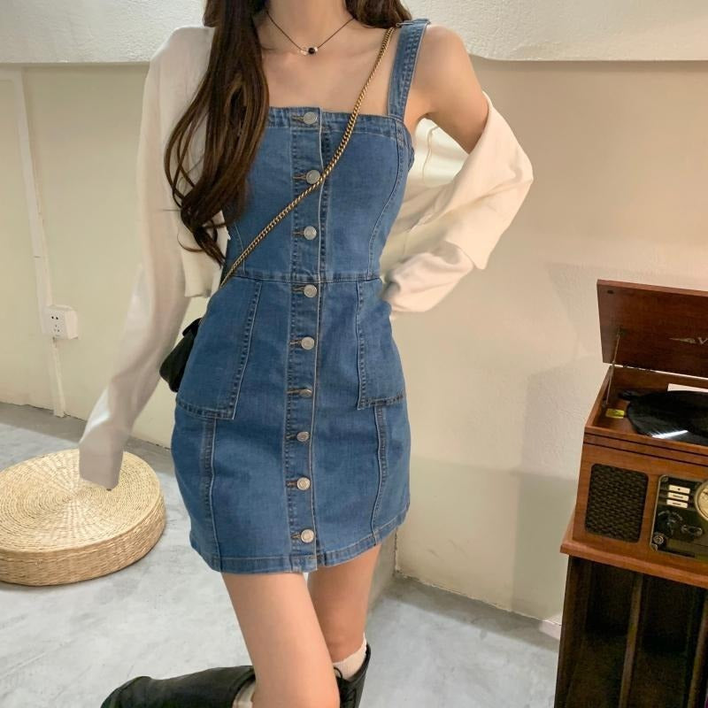데님 날씬핏 버튼드 멜빵원피스 스커트  Q2032910 미니