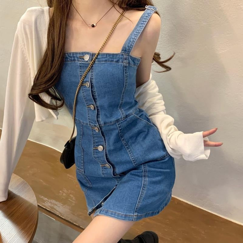 데님 날씬핏 버튼드 멜빵원피스 스커트  Q2032910 미니