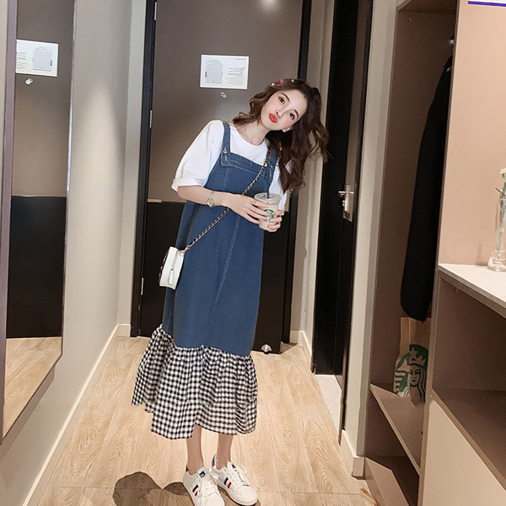 패치 진청 Q2032906 빅사이즈 롱스커트 멜빵원피스 데님 프릴 러블리