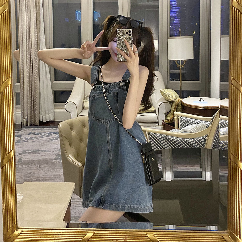 멜빵 원피스 맥시 Q2032903 포켓 미니 구제데님