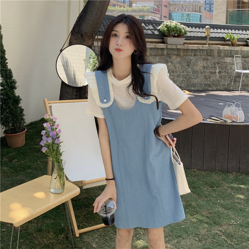 청치마 반팔티 멜빵  Q2032902 원피스 얇은 레이어드 데님