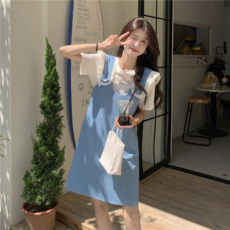 청치마 반팔티 멜빵  Q2032902 원피스 얇은 레이어드 데님
