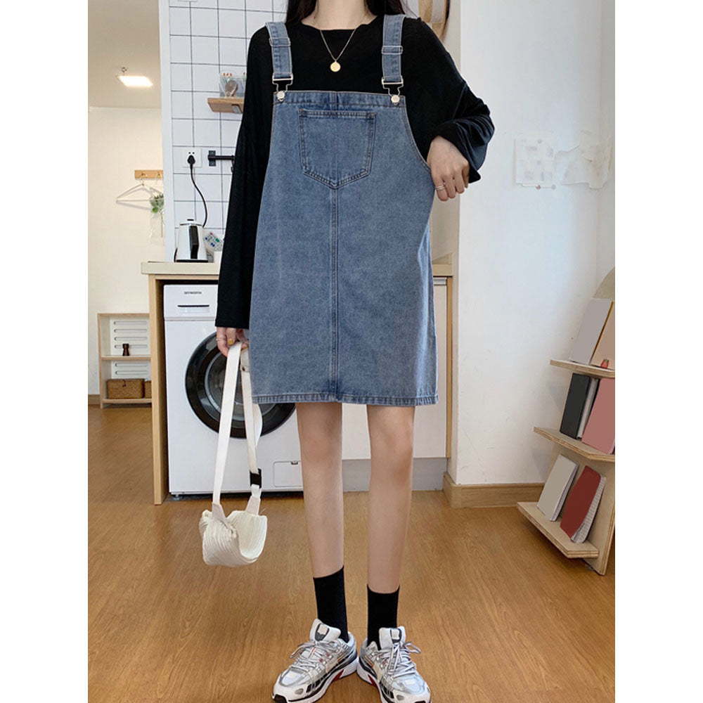 데님 Q2032901 원피스 멜빵 연청 앞포켓  H라인흑청
