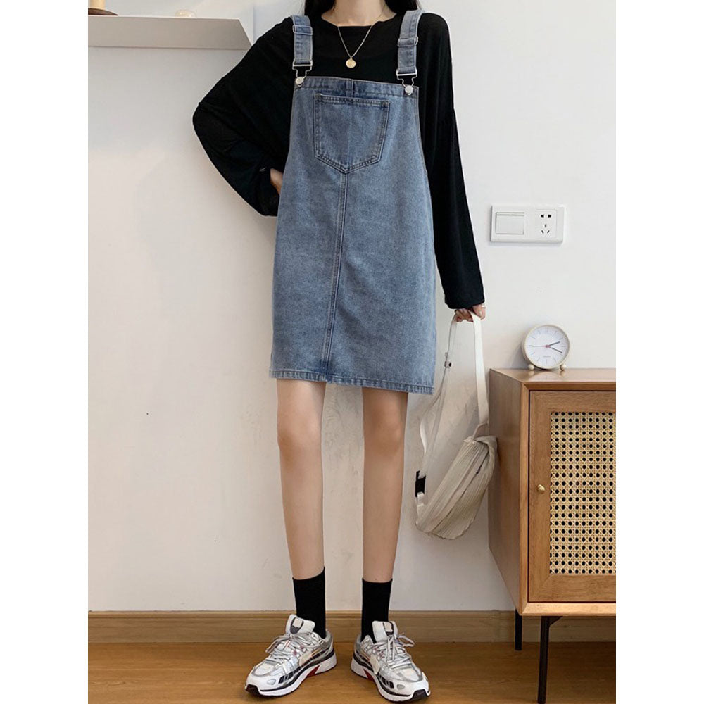 데님 Q2032901 원피스 멜빵 연청 앞포켓  H라인흑청