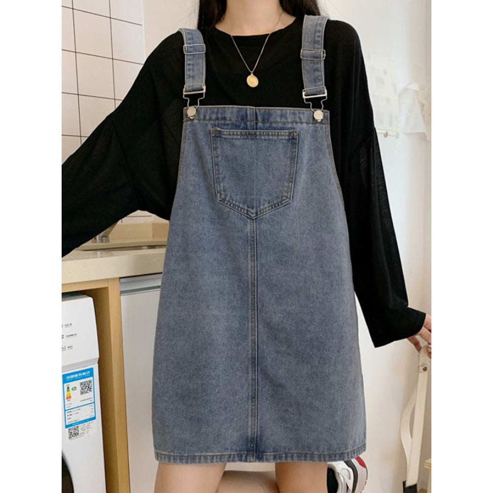 데님 Q2032901 원피스 멜빵 연청 앞포켓  H라인흑청