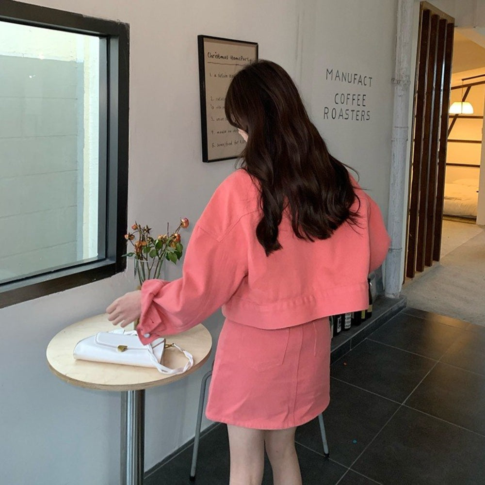 핑크 데님 정장 여성 재킷 연령 감소 고품질 스커트 투피스 세트  BQ3030203