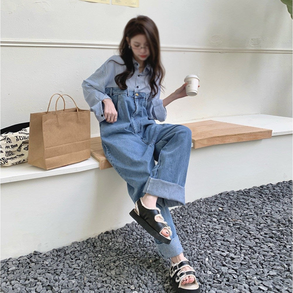 셔츠 스플라이스 데님 점프 슈트 여성 하이 엔드 루즈핏 팬츠 투피스 세트 BQ3030208