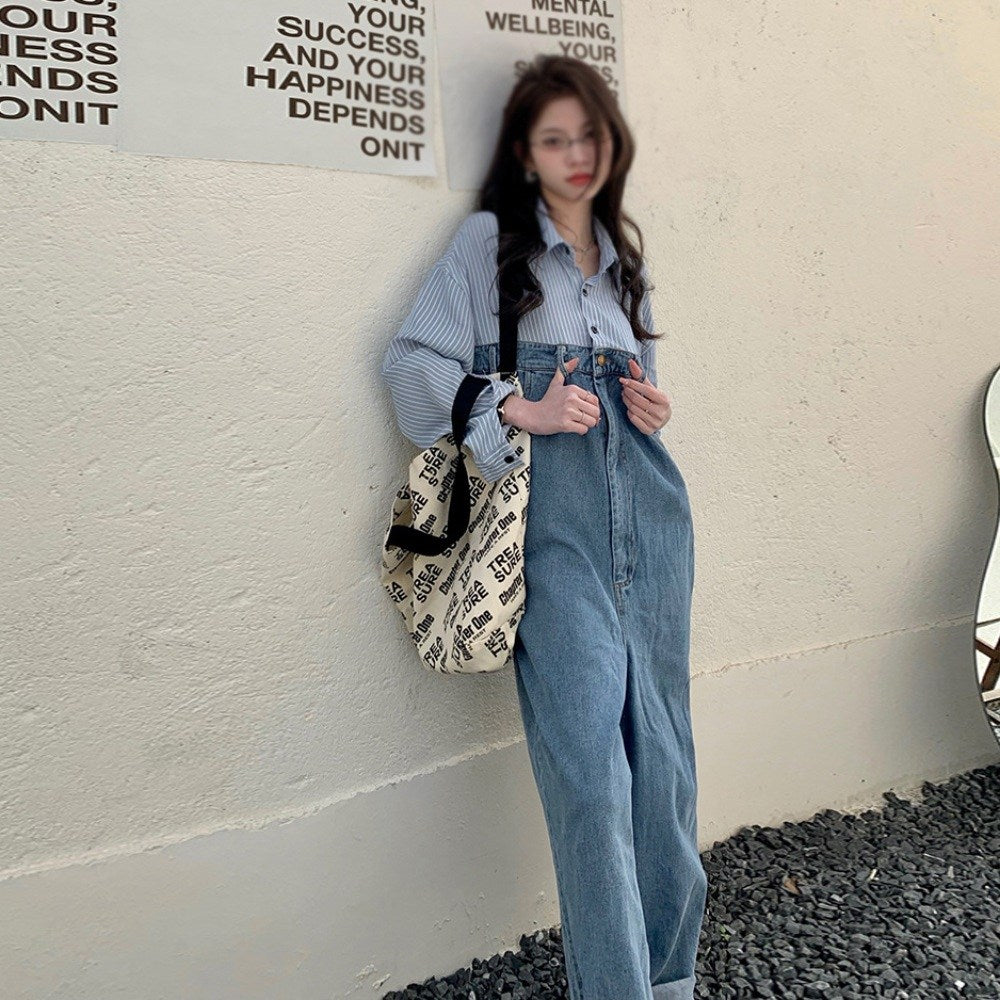 셔츠 스플라이스 데님 점프 슈트 여성 하이 엔드 루즈핏 팬츠 투피스 세트 BQ3030208