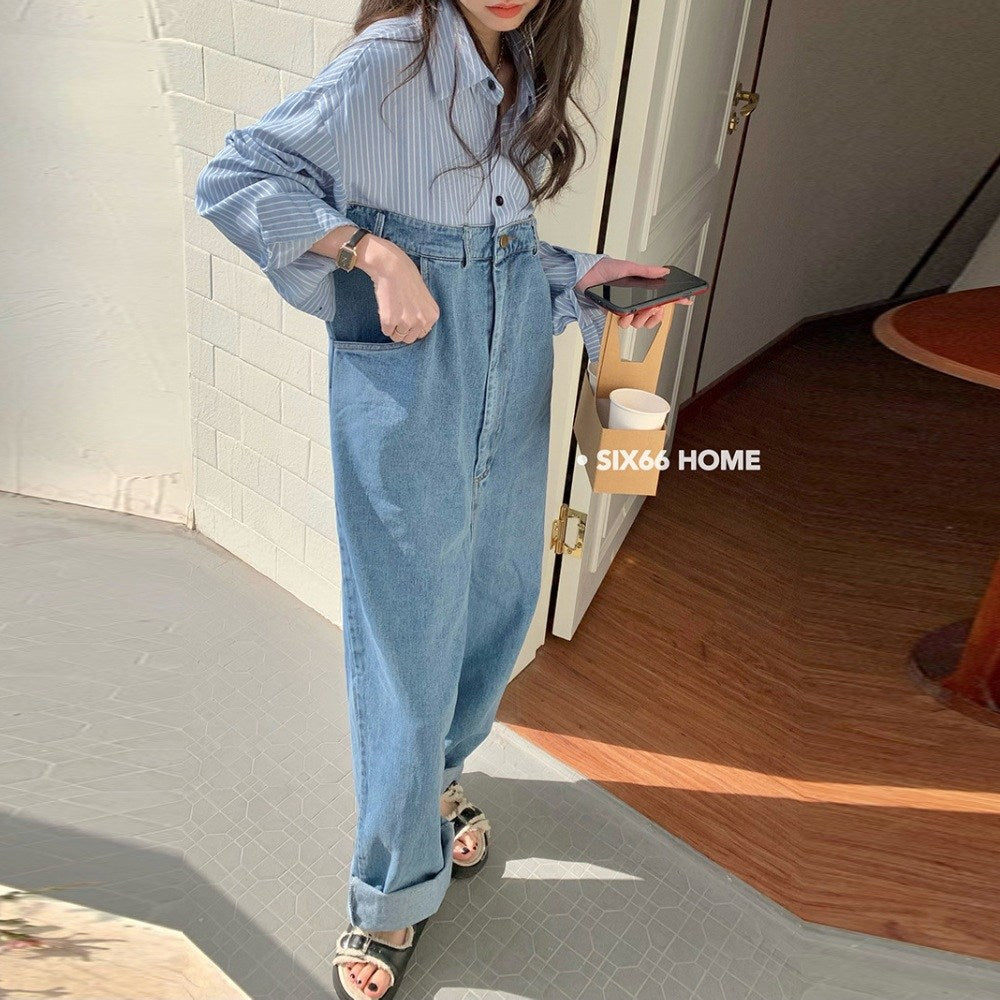 셔츠 스플라이스 데님 점프 슈트 여성 하이 엔드 루즈핏 팬츠 투피스 세트 BQ3030208