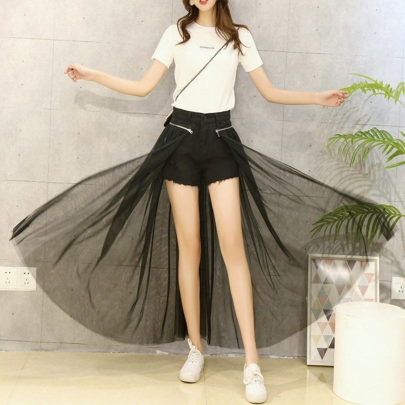 Q2052611  반바지 롱스커트 망사탈부착치마 데님