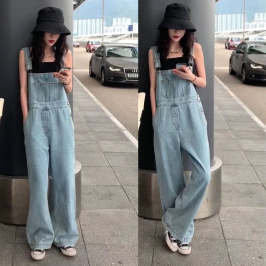 청 멜빵바지 배기 여성점프수트 데님오버롤 와이드 데님 팬츠 BQ3042704