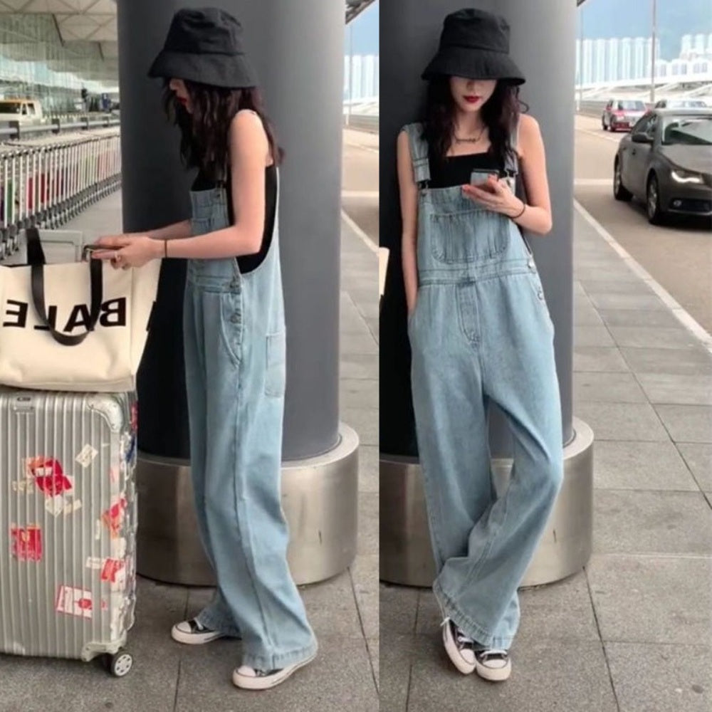 청 멜빵바지 배기 여성점프수트 데님오버롤 와이드 데님 팬츠 BQ3042704