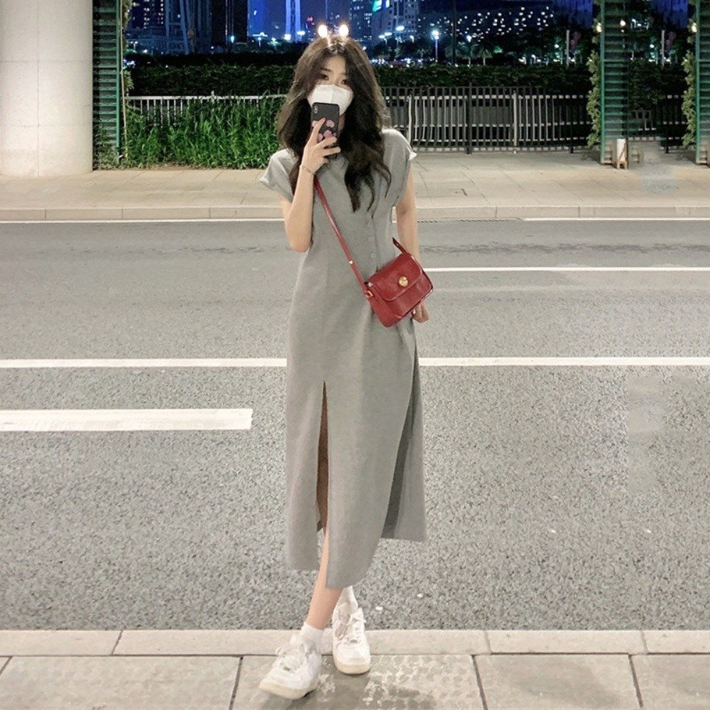캐주얼 원피스 롱 간편외출 홈웨어 키큰여자 옆트임 루즈핏 반팔 BQ3042801