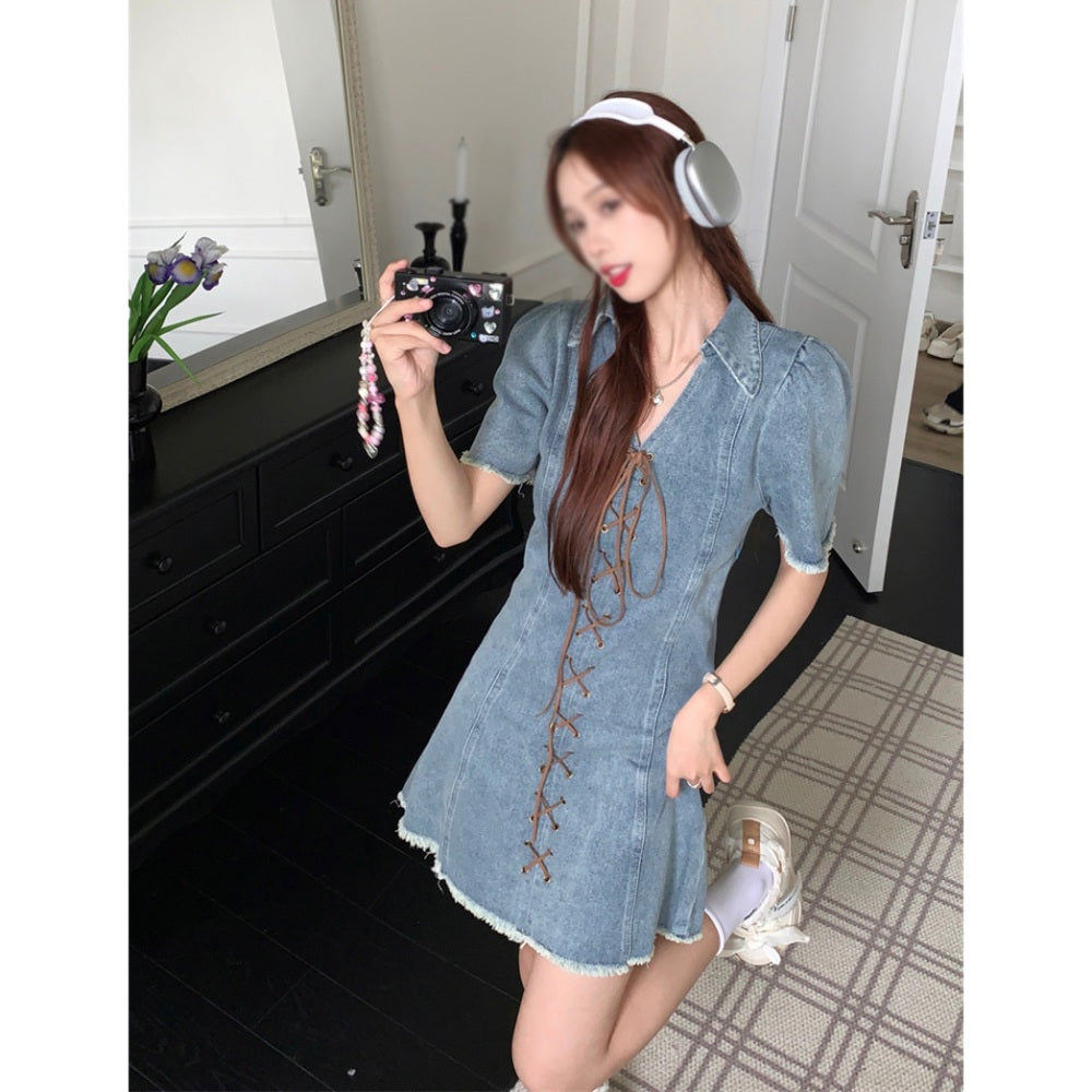 청원피스 브이넥 데님 미니 원피스 스커트 스트랩 빈티지 캐주얼룩 BQ3042816