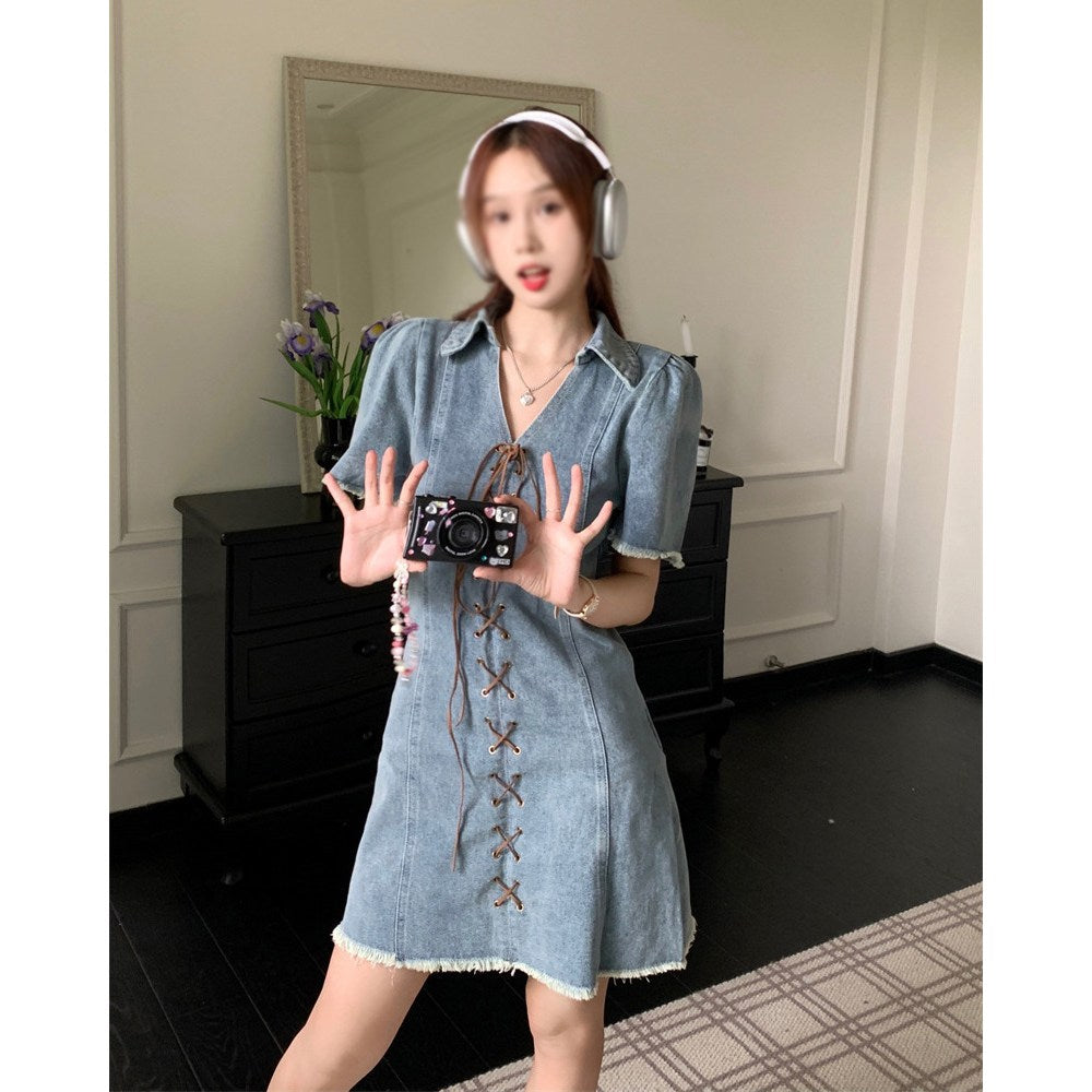 청원피스 브이넥 데님 미니 원피스 스커트 스트랩 빈티지 캐주얼룩 BQ3042816