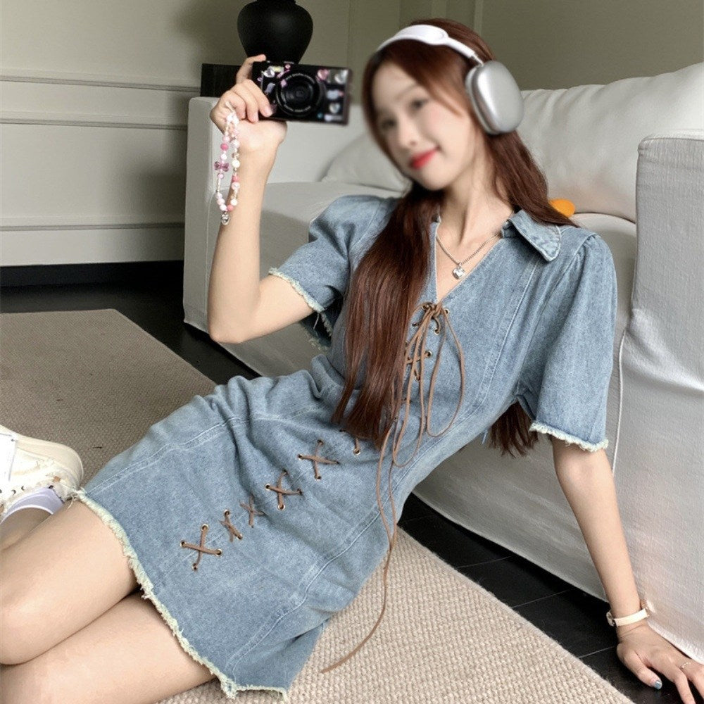 청원피스 브이넥 데님 미니 원피스 스커트 스트랩 빈티지 캐주얼룩 BQ3042816